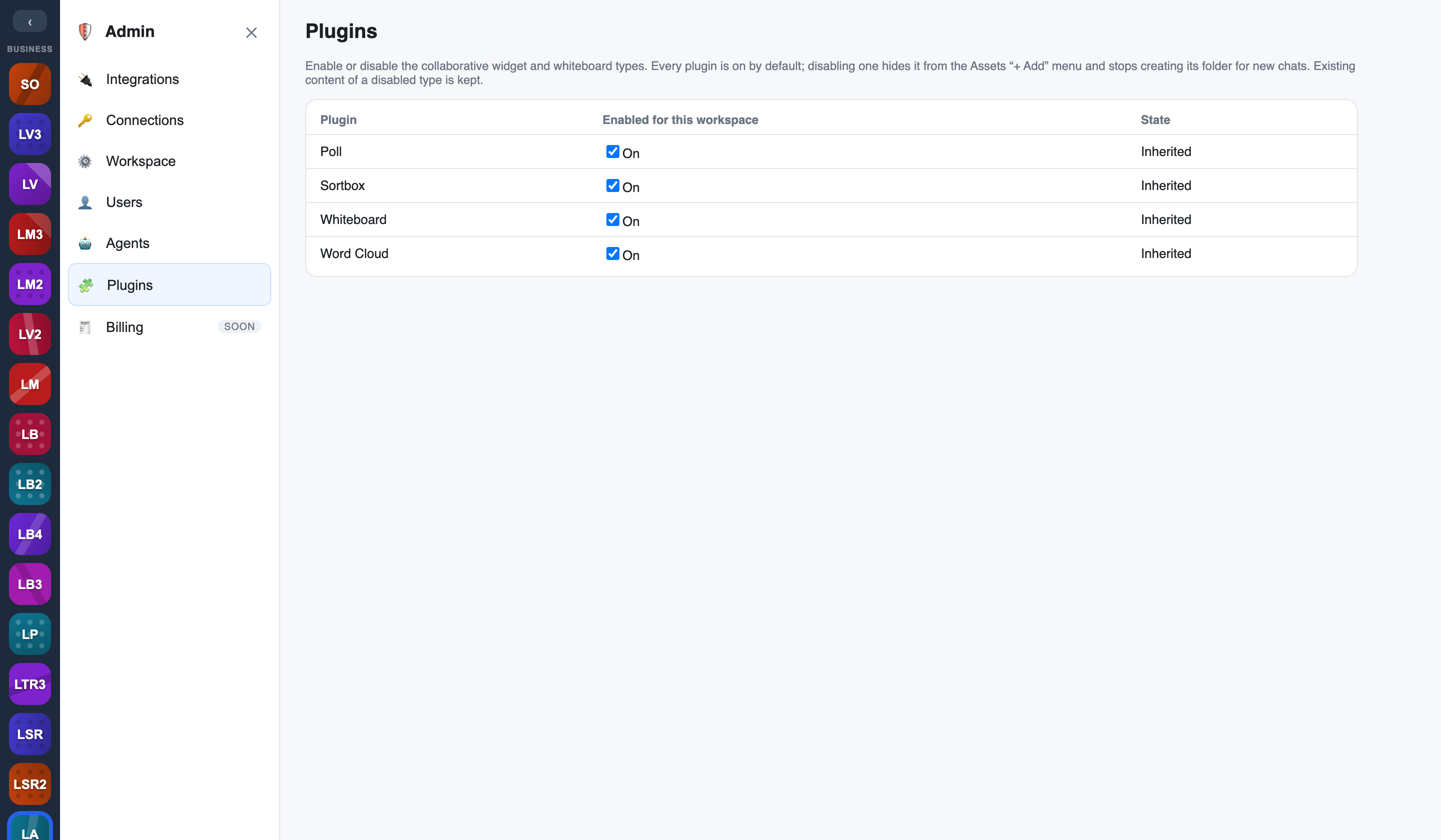 the Admin Plugins page with widget types toggled on and off