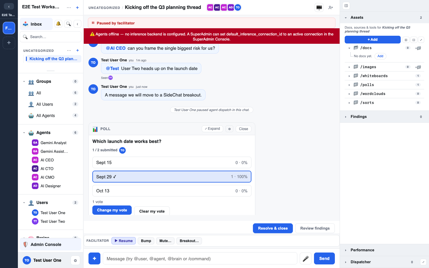 a chat paused by the facilitator, with the pause banner and the facilitator toolbar