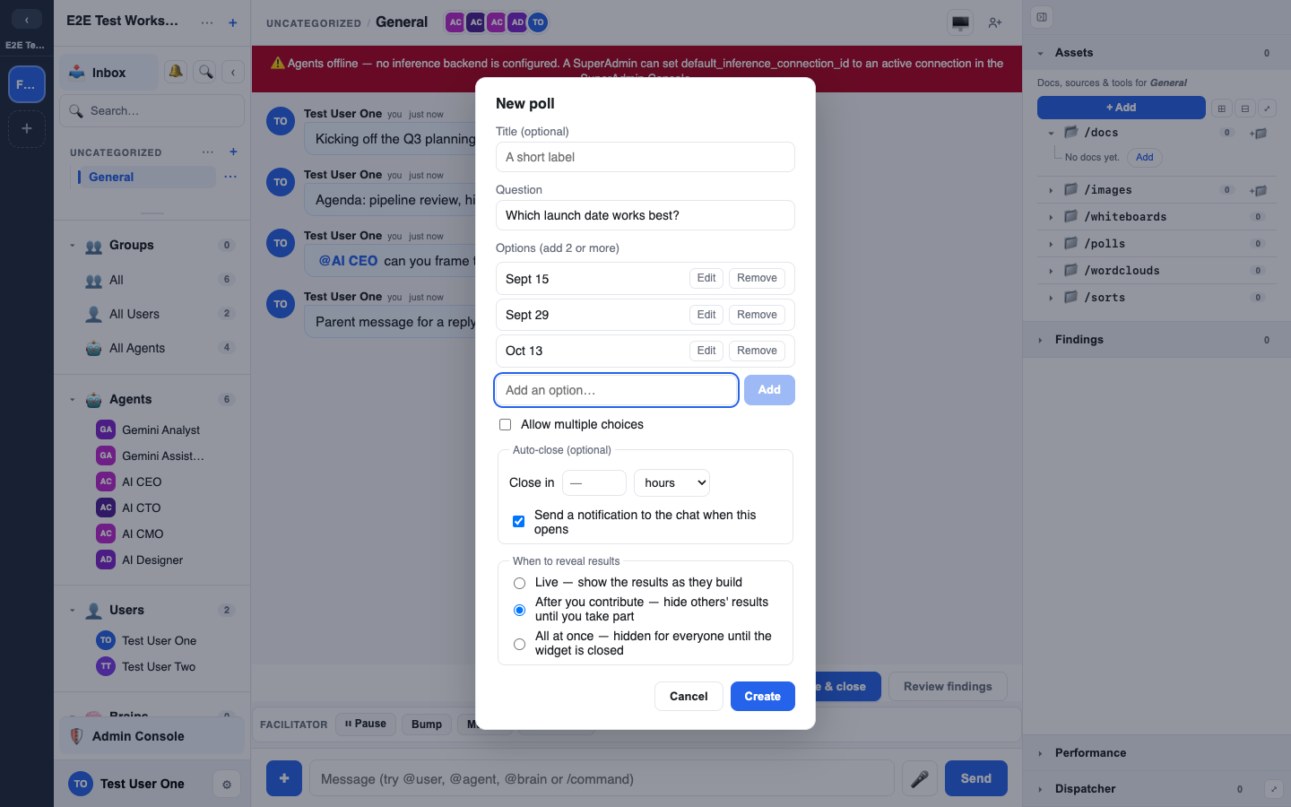 the New poll setup panel with options, auto-close, and reveal policies
