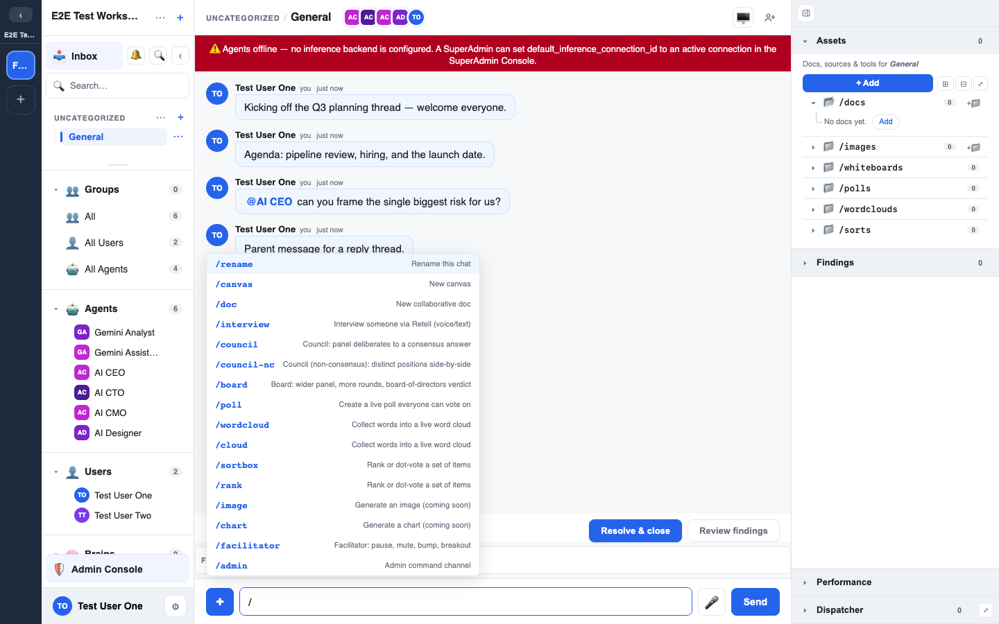 the slash command menu open in the composer