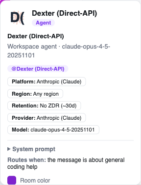 A direct-API agent's profile: Platform Anthropic (Claude), Region Any region, Retention No ZDR (~30d), Provider Anthropic — the same maker as Aria, but a different jurisdiction and retention posture